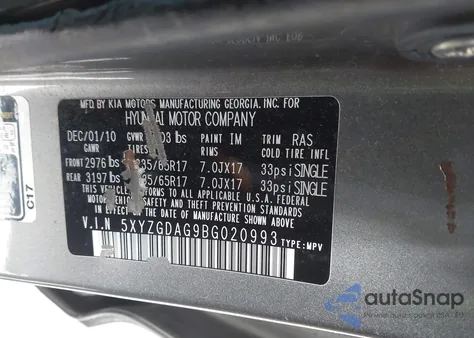 2011 Hyundai Santa Fe Gls V6 z USA, uszkodzony, nr VIN 5XYZGDAG9BG020993